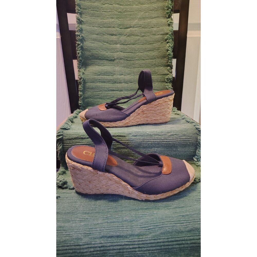 Chaps Navy Blue Canvas Espadrille Wedge Sandals - Women's Size 6B